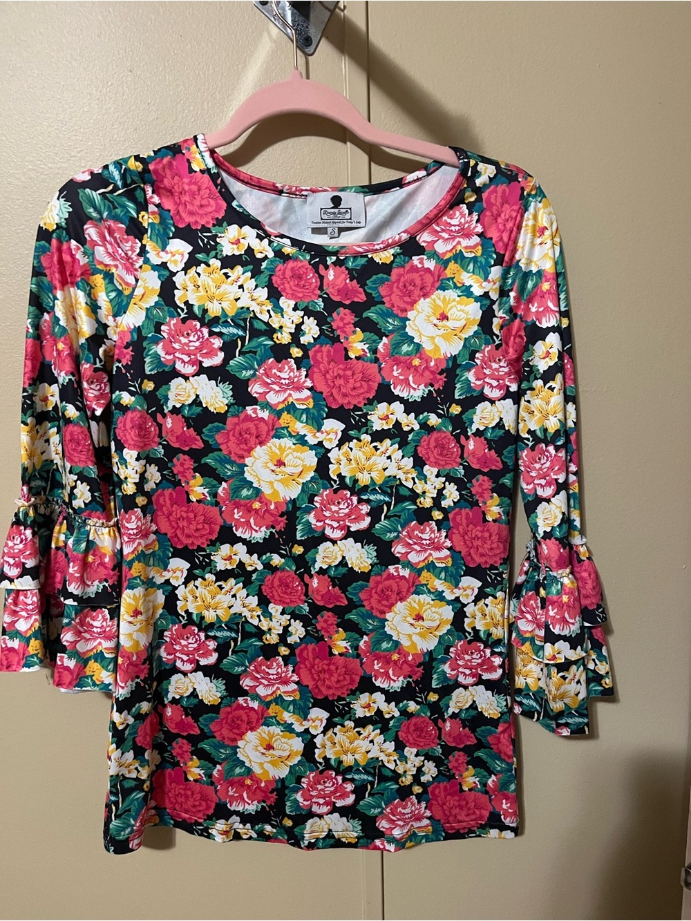 Dainty Jewells Black Floral Long Sleeve Top with Pink & Yellow Blooms